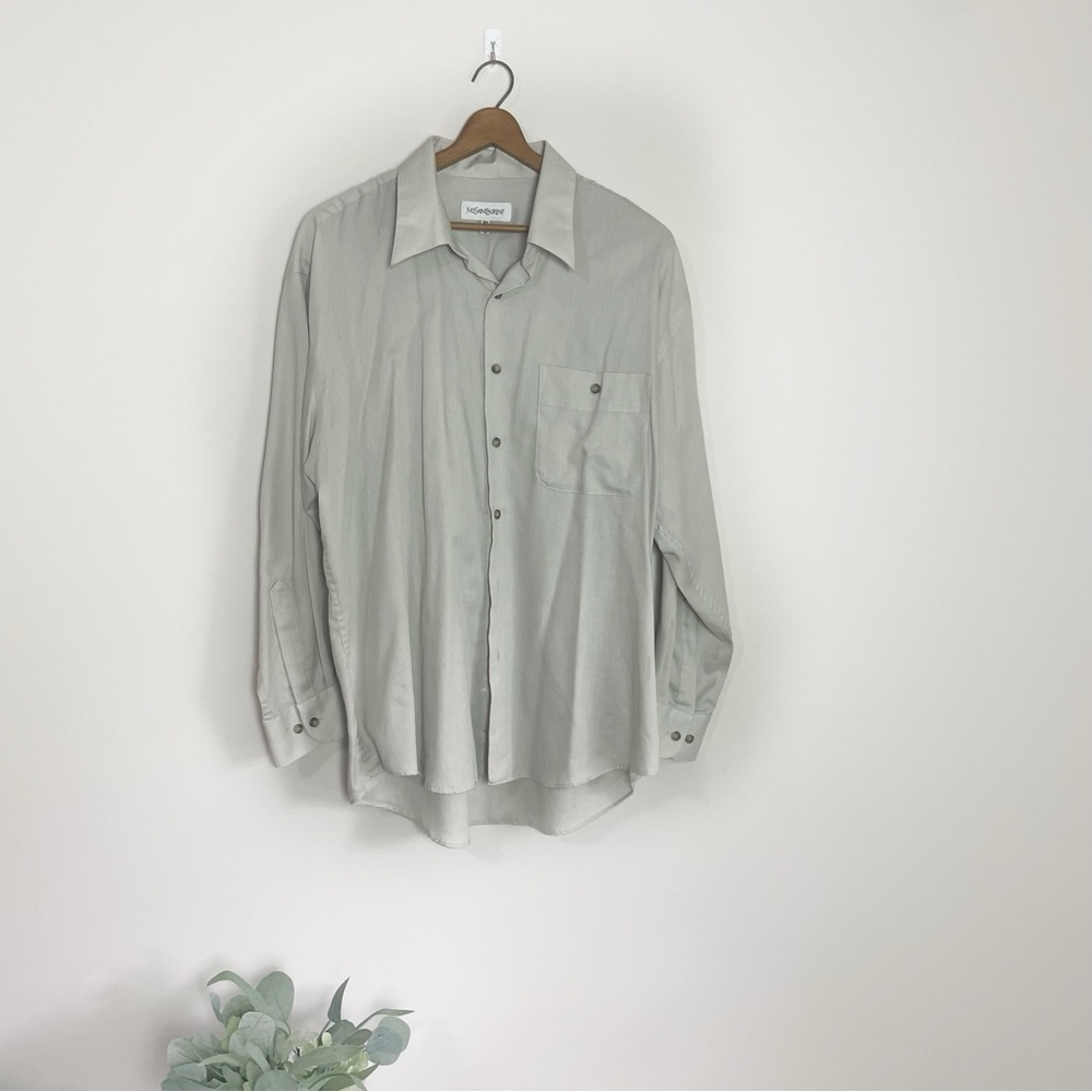 [Yves Saint Laurent] Men's Light Gray/Ivory Button Down Collared Dress Shirt